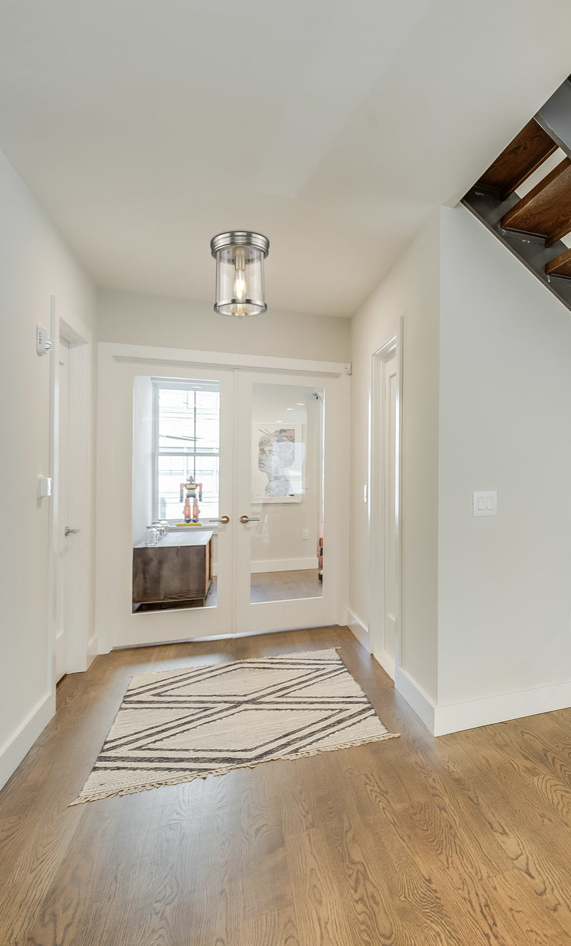 Thayer 1 Light 9.25" Flush Mount in Brushed Nickel in a room setting