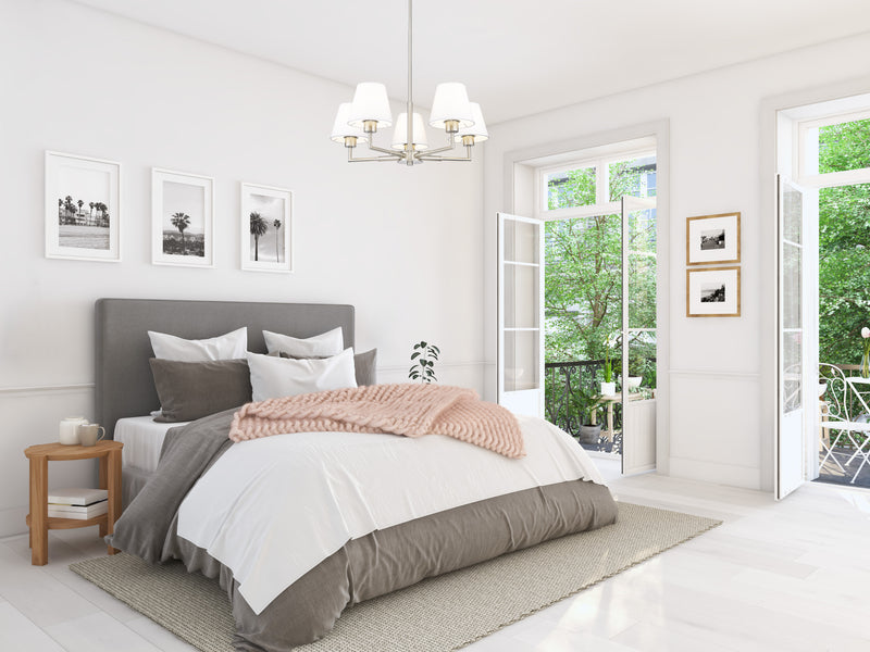 Leila 5 Light 26" Chandelier in Brushed Nickel in a room setting