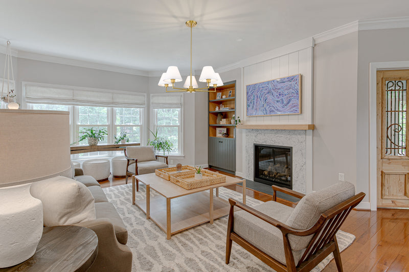 Leila 5 Light 34" Chandelier in Luxe Gold in a room setting