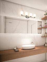 Kendrick 4 Light 31.25" Vanity in Brushed Nickel in a room setting