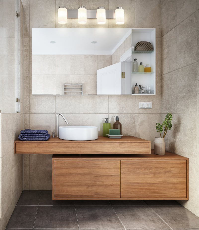Burk 4 Light 30" Vanity in Brushed Nickel in a room setting