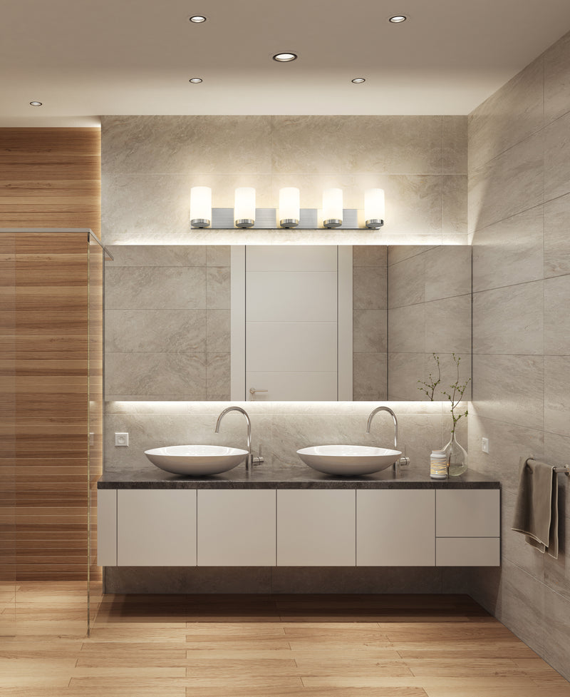 Burk 5 Light 38" Vanity in Brushed Nickel in a room setting