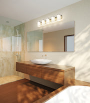 Burk 5 Light 38" Vanity in Brushed Nickel in a room setting