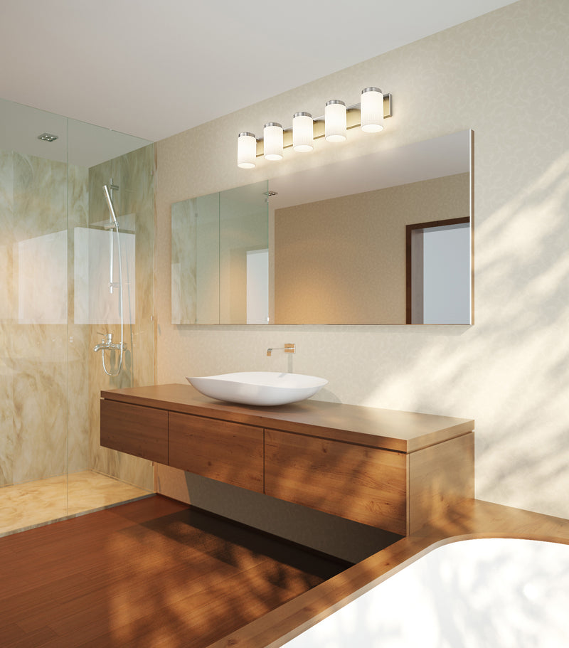Burk 5 Light 38" Vanity in Brushed Nickel in a room setting