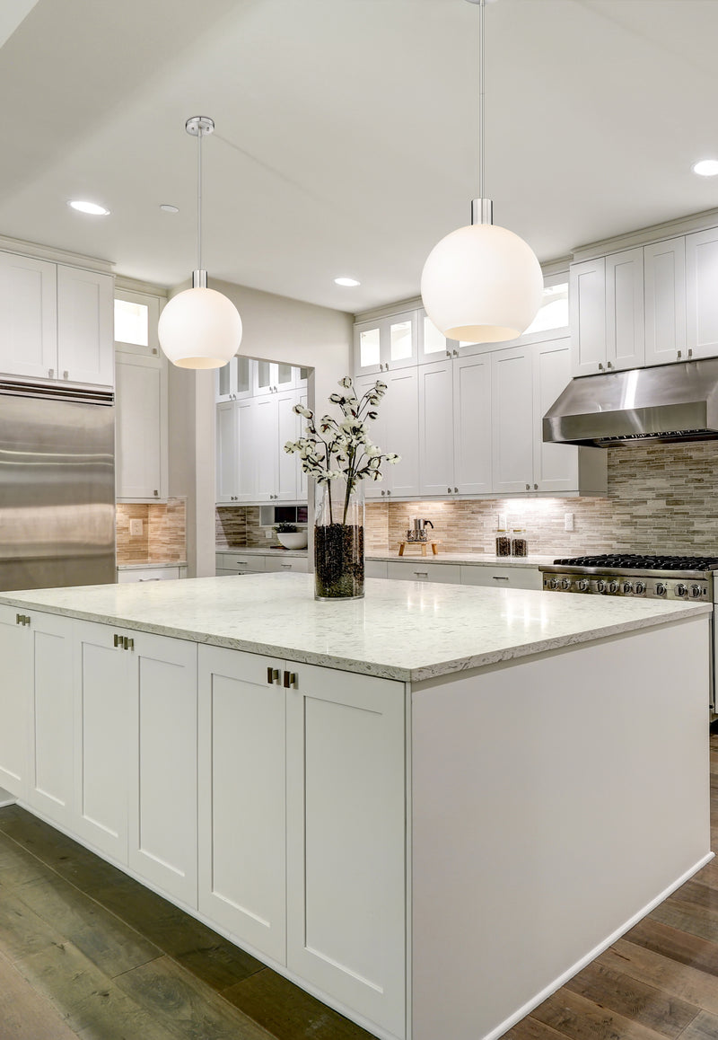Margo 1 Light 13.75" Pendant in Brushed Nickel in a room setting