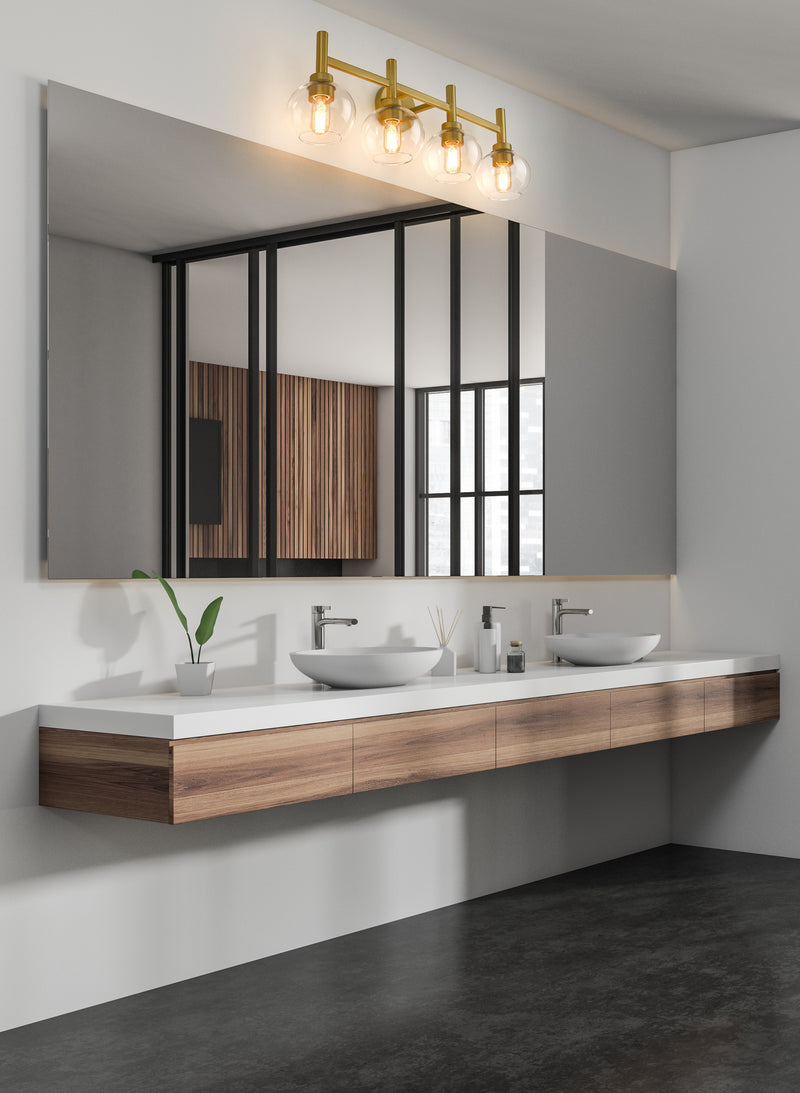 Sutton 4 Light 31.5" Vanity in Brushed Gold in a room setting
