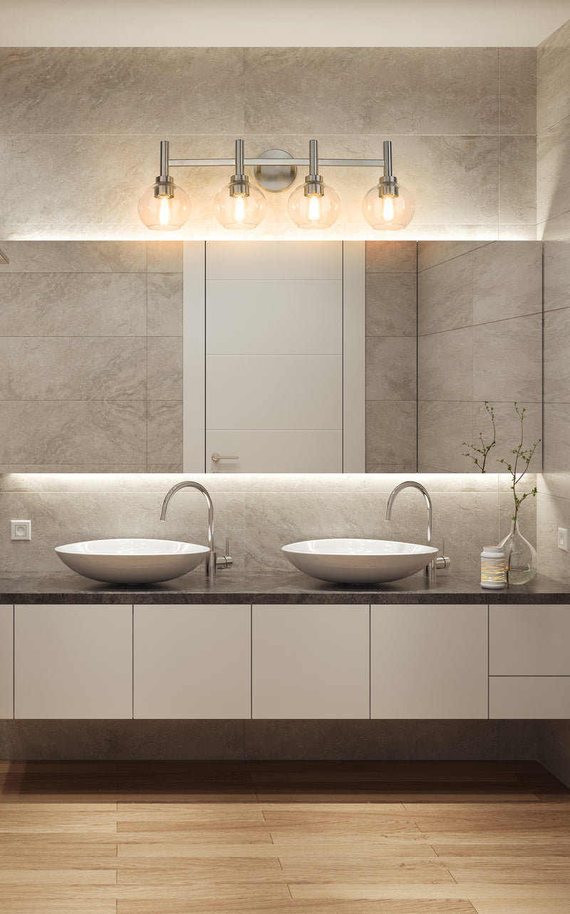 Sutton 4 Light 31.5" Vanity in Brushed Nickel in a room setting