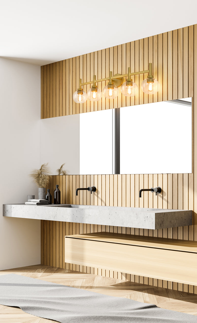 Sutton 5 Light 39.5" Vanity in Brushed Gold in a room setting