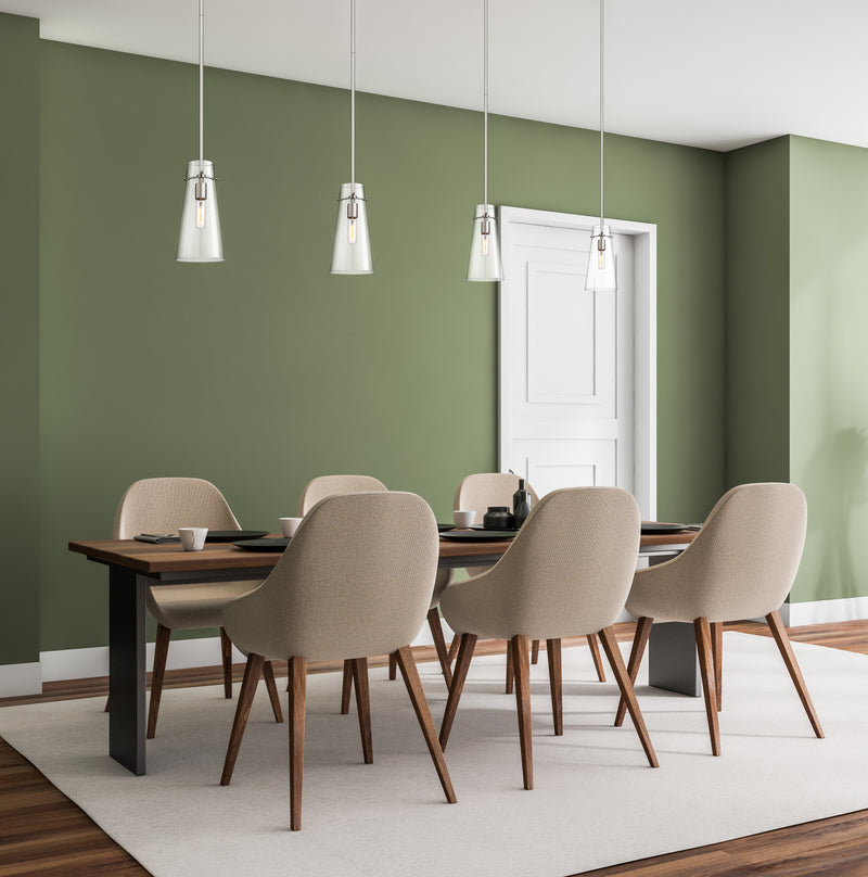Kira 1 Light 6.5" Pendant, Rod Mount in Brushed Nickel in a room setting