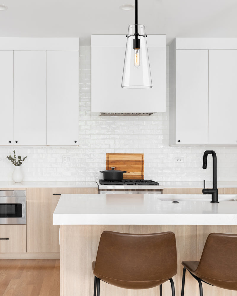 Kira 1 Light 6.5" Pendant, Rod Mount in Matte Black in a room setting