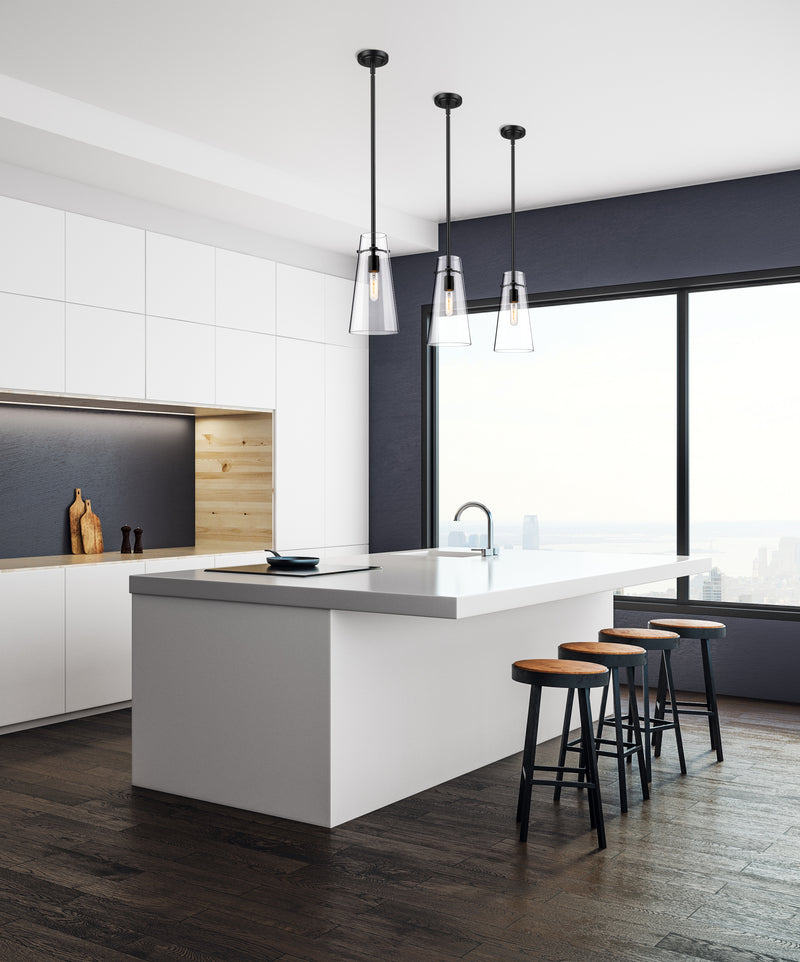 Kira 1 Light 6.5" Pendant, Rod Mount in Matte Black in a room setting