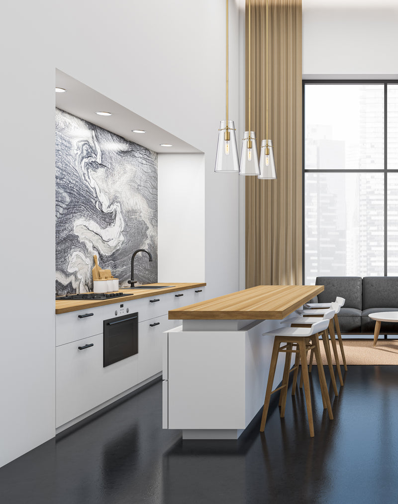 Kira 1 Light 6.5" Pendant, Rod Mount in Modern Gold in a room setting