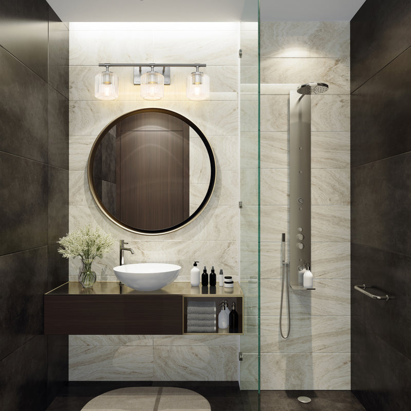 Landon 3 Light 24" Vanity in Brushed Nickel in a room setting
