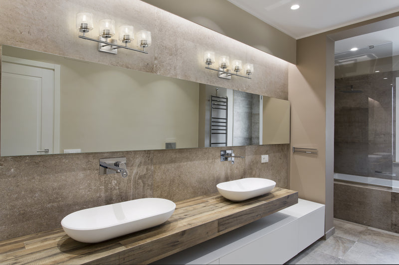 Landon 4 Light 32" Vanity in Brushed Nickel in a room setting