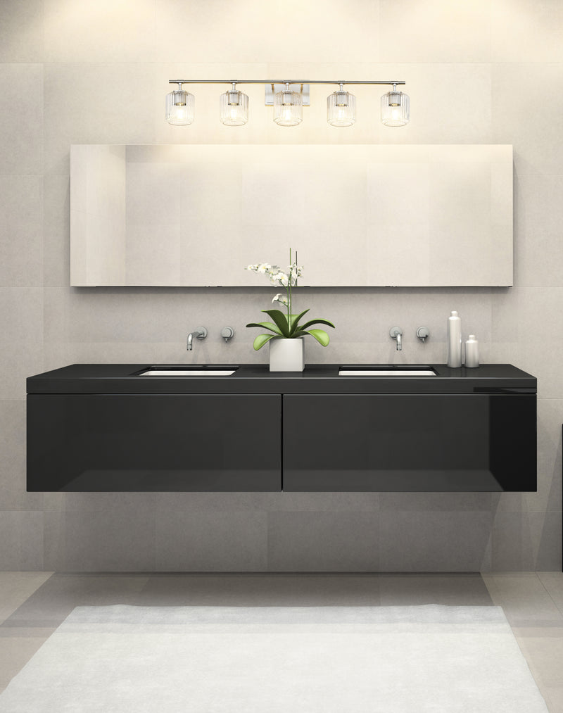 Landon 5 Light 42" Vanity in Brushed Nickel in a room setting