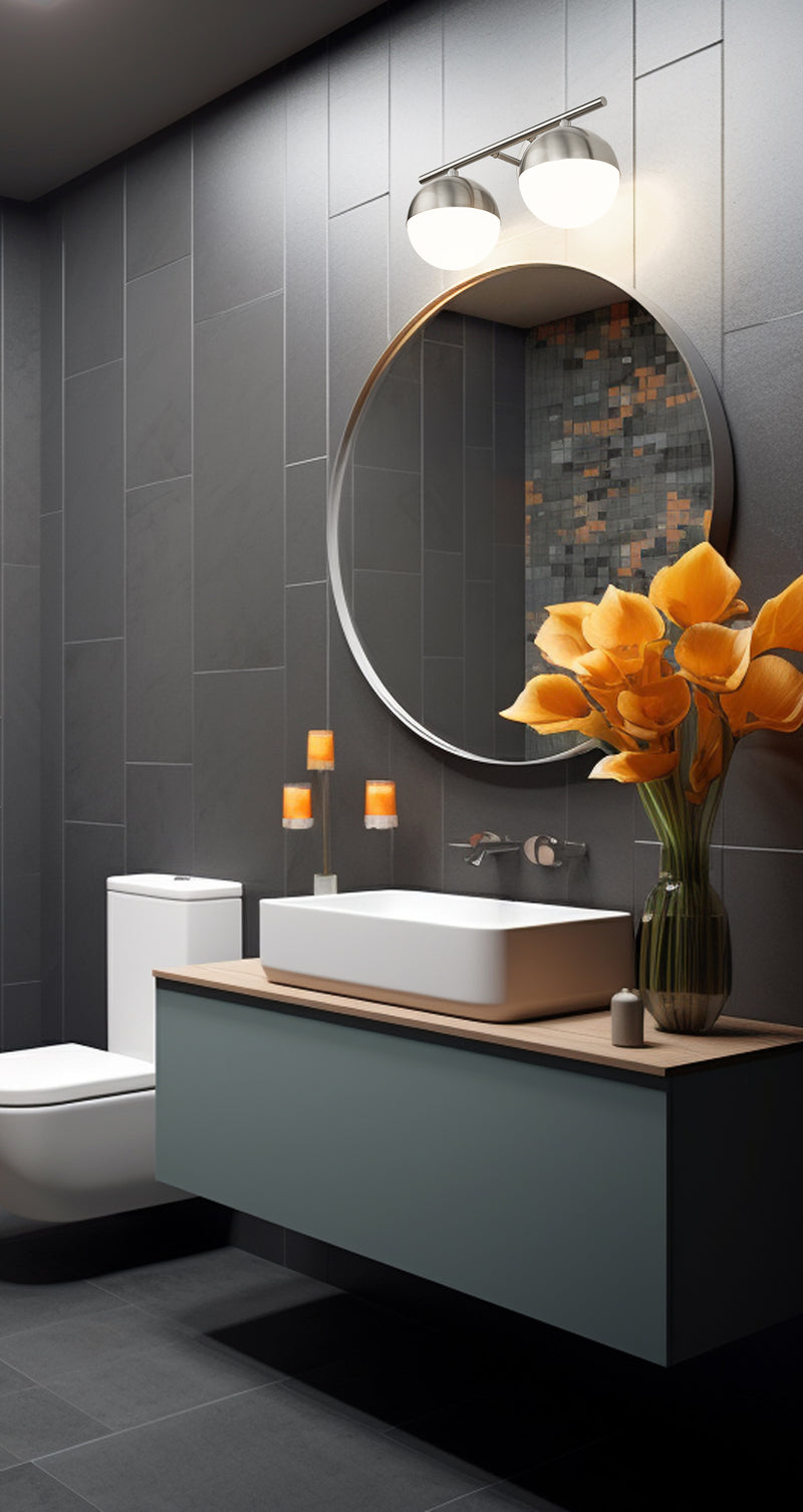 Realm Sphere 2 Light 16" Vanity in Brushed Nickel in a room setting