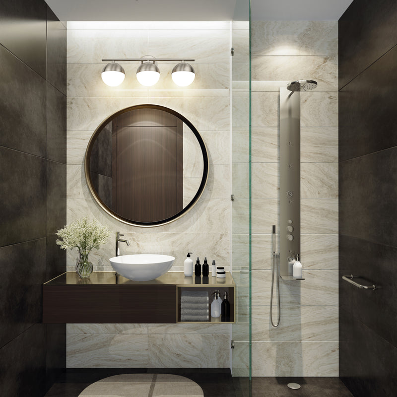 Realm Sphere 3 Light 24" Vanity in Brushed Nickel in a room setting