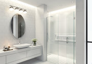 Realm Sphere 4 Light 32.25" Vanity in Brushed Nickel in a room setting