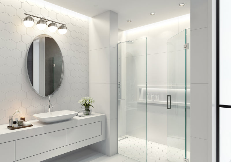 Realm Sphere 4 Light 32.25" Vanity in Brushed Nickel in a room setting