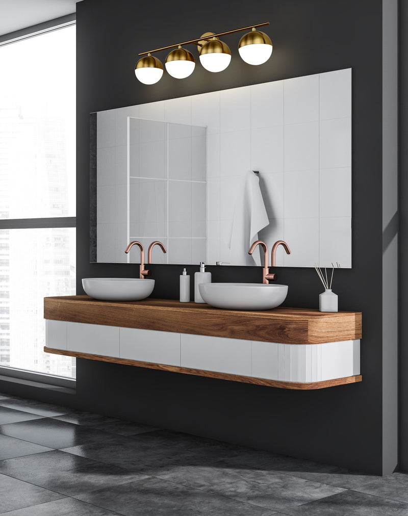 Realm Sphere 4 Light 32.25" Vanity in Modern Gold in a room setting