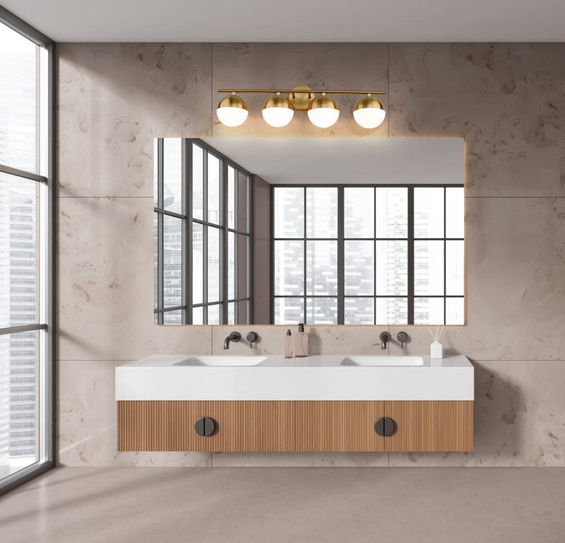 Realm Sphere 4 Light 32.25" Vanity in Modern Gold in a room setting