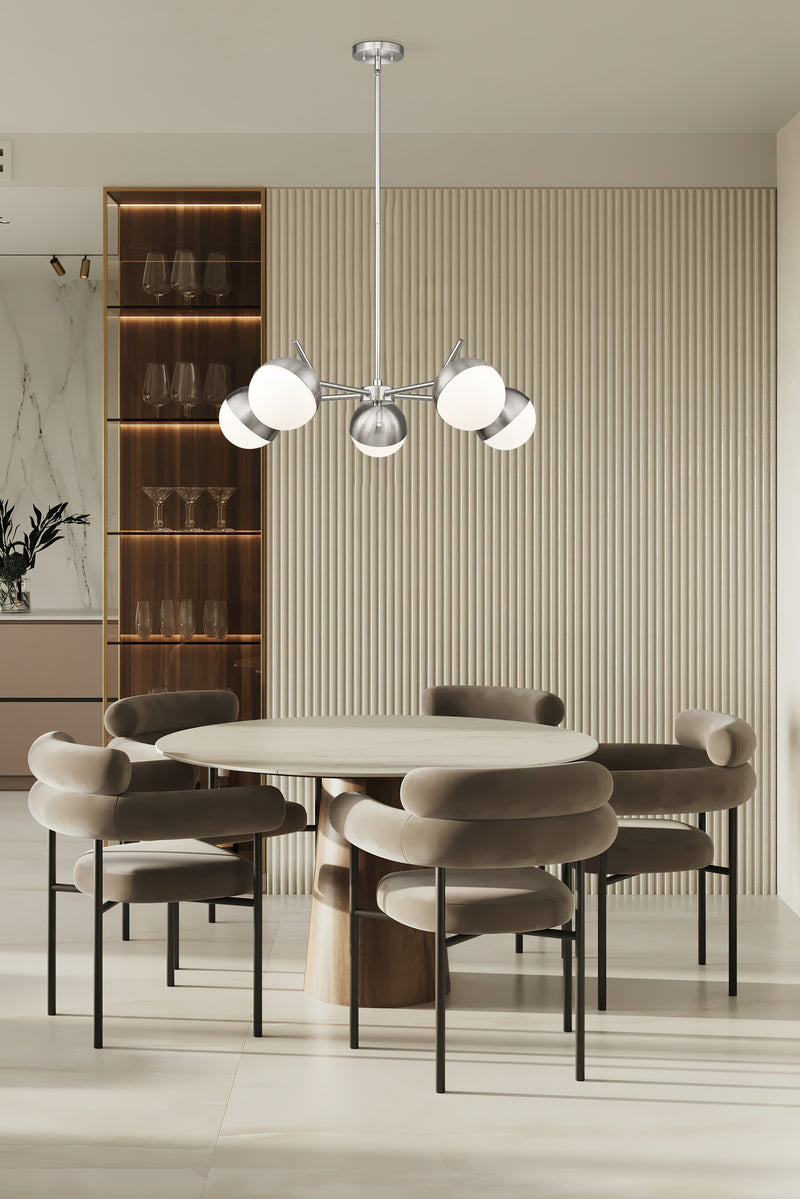 Realm Sphere 5 Light 32" Chandelier in Brushed Nickel in a room setting