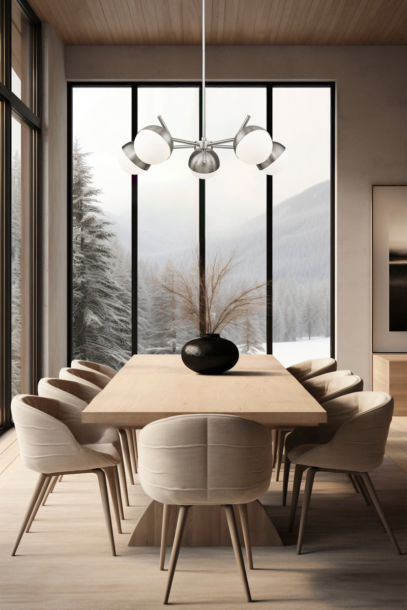 Realm Sphere 5 Light 32" Chandelier in Brushed Nickel in a room setting