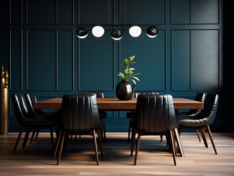 Realm Sphere 5 Light 42" Linear Pendant in Matte Black in a room setting