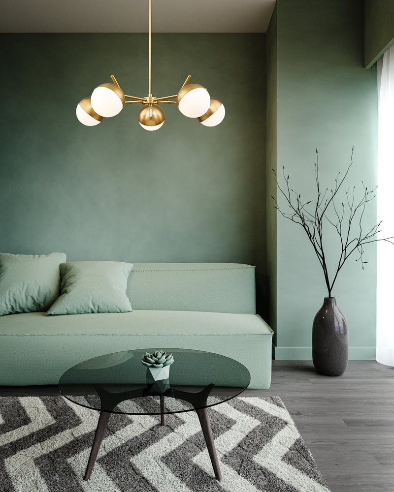Realm Sphere 5 Light 32" Chandelier in Modern Gold in a room setting