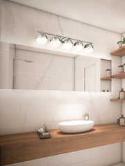 Realm Sphere 5 Light 40" Vanity in Brushed Nickel in a room setting