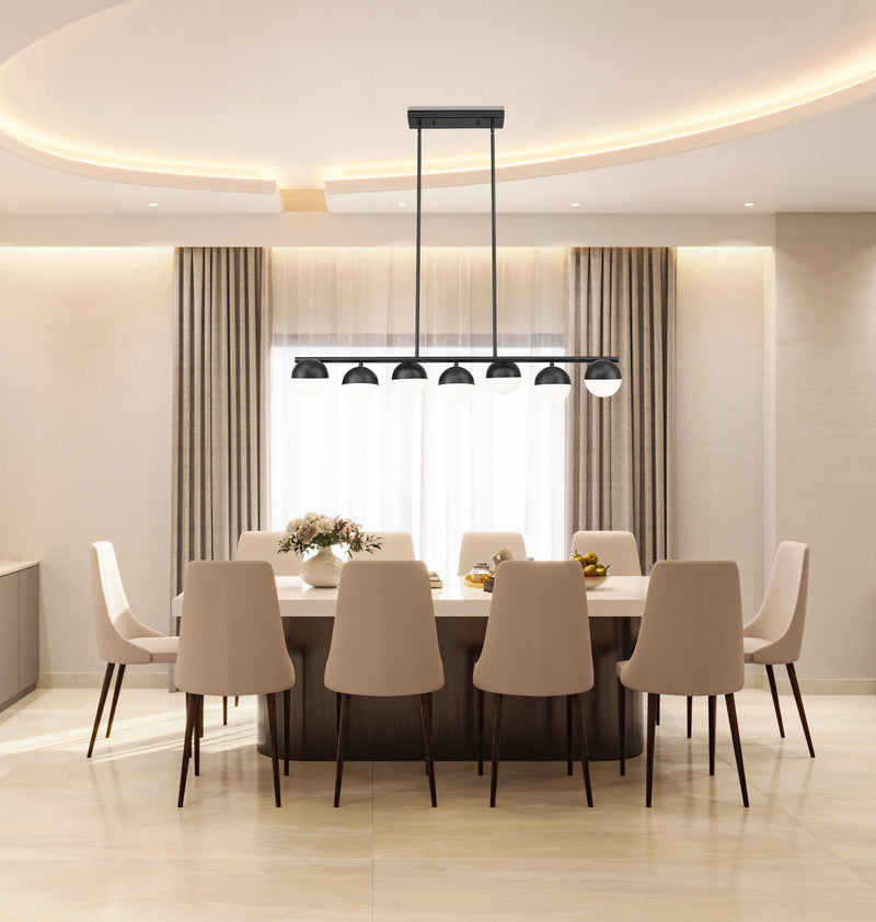 Realm Sphere 7 Light 54" Linear Pendant in Matte Black in a room setting