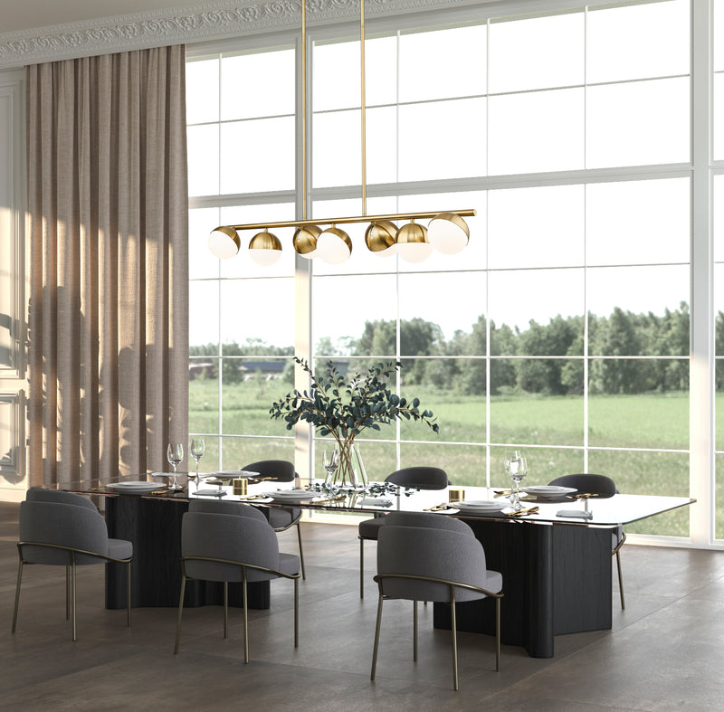 Realm Sphere 7 Light 54" Linear Pendant in Modern Gold in a room setting