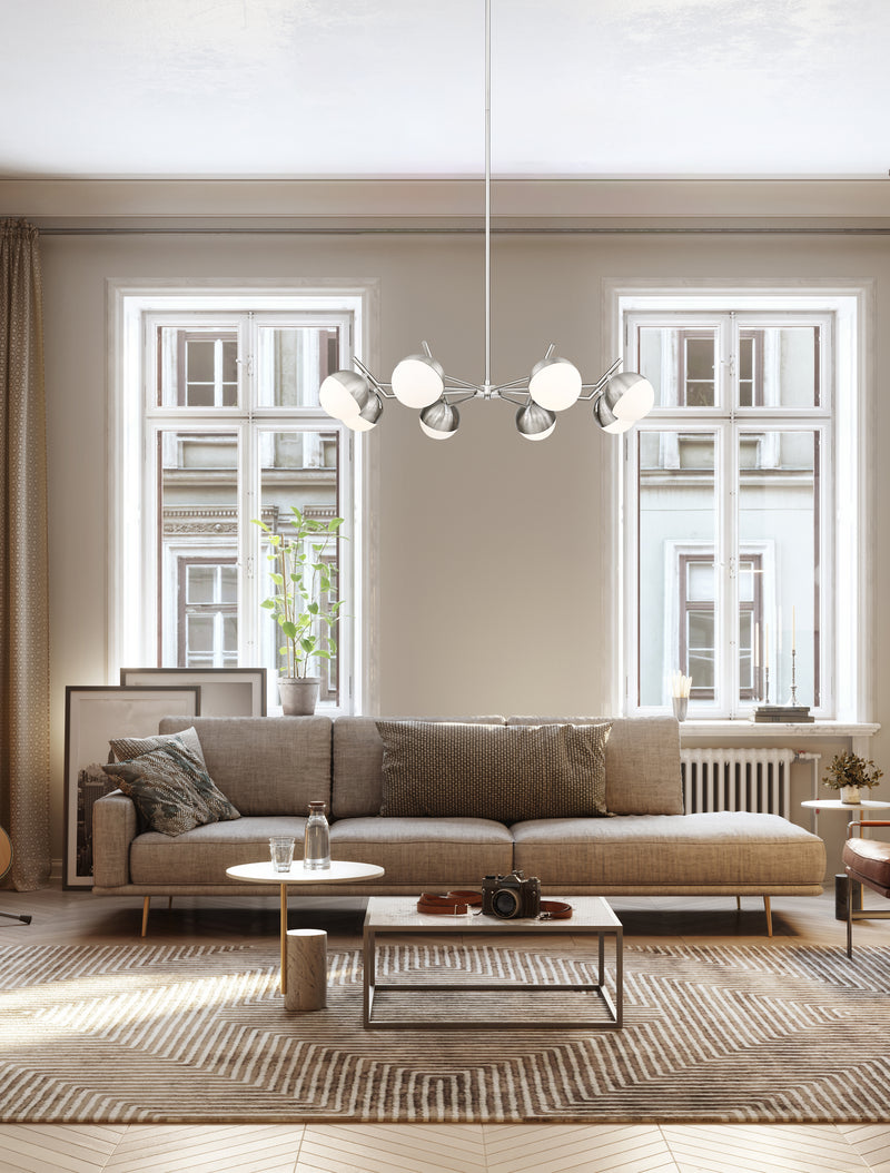 Realm Sphere 8 Light 44" Chandelier in Brushed Nickel in a room setting