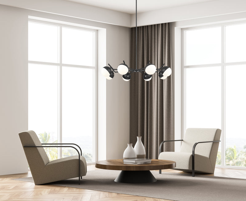 Realm Sphere 8 Light 44" Chandelier in Matte Black in a room setting
