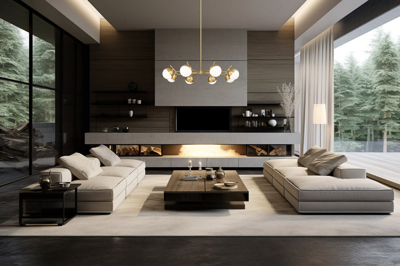 Realm Sphere 8 Light 44" Chandelier in Modern Gold in a room setting