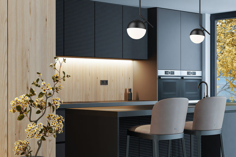 Realm Sphere 1 Light 8.5" Pendant in Matte Black in a room setting