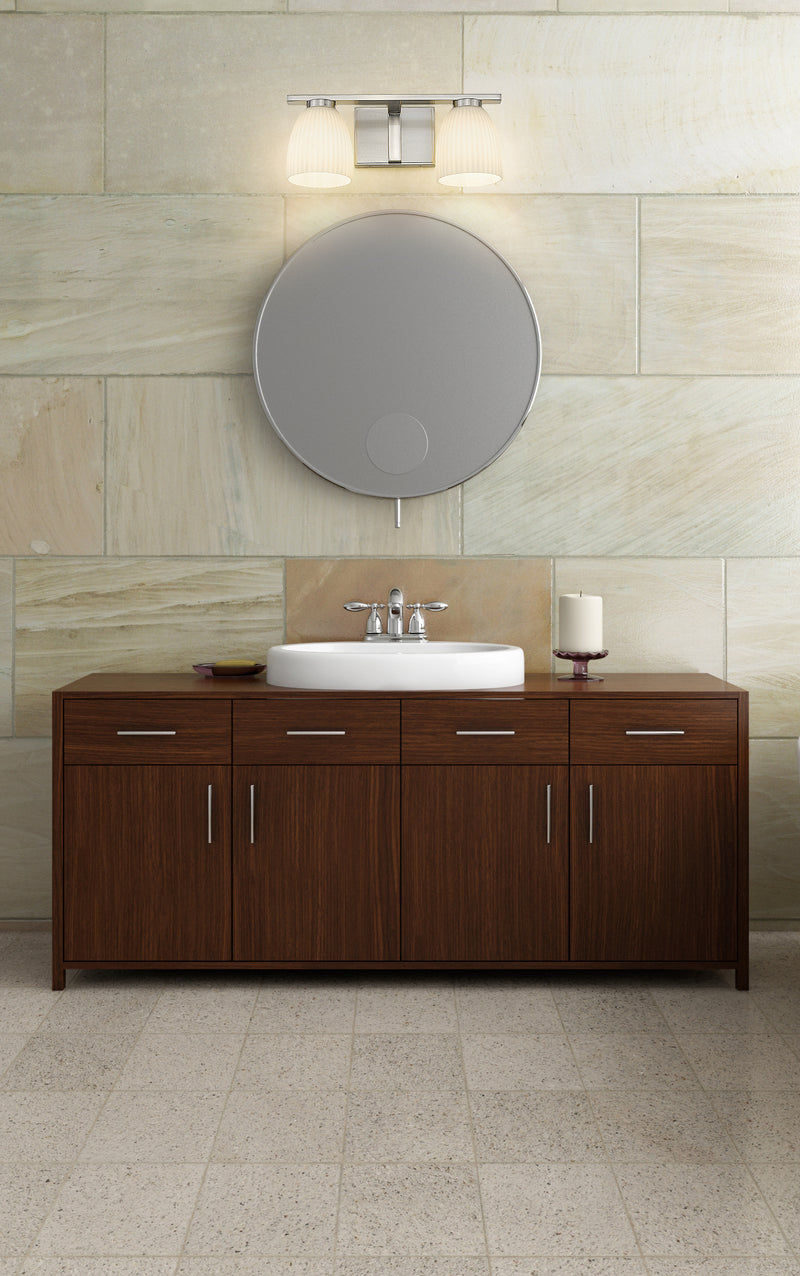 Naya 2 Light 16" Vanity in Brushed Nickel in a room setting