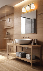 Naya 3 Light 24" Vanity in Brushed Nickel in a room setting