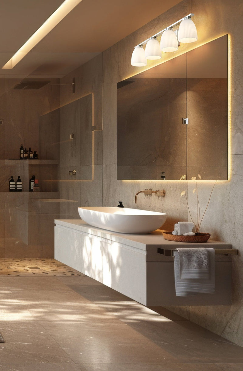 Naya 4 Light 32" Vanity in Brushed Nickel in a room setting