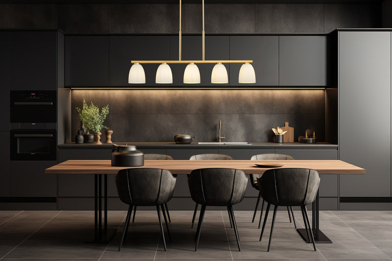 Naya 5 Light 44.5" Linear Pendant in Modern Gold in a room setting