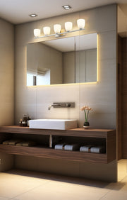 Naya 5 Light 40" Vanity in Brushed Nickel in a room setting