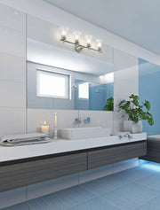 Belle 4 Light 32" Vanity in Brushed Nickel in a room setting