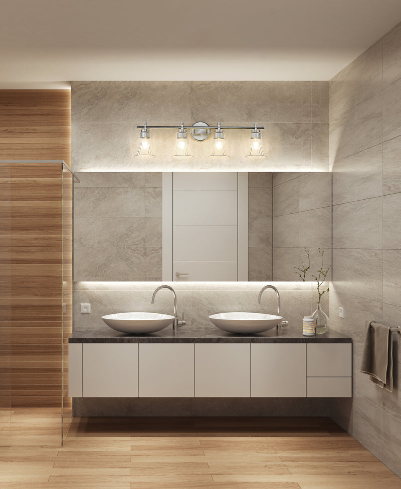 Belle 4 Light 32" Vanity in Brushed Nickel in a room setting