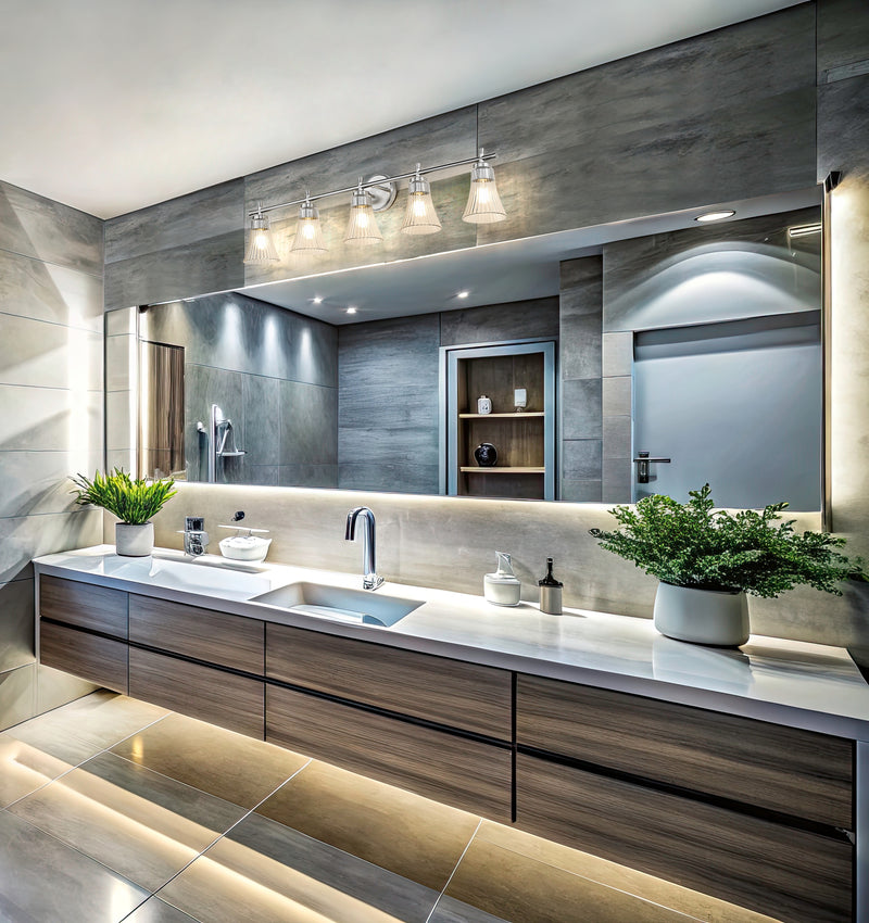 Belle 5 Light 42" Vanity in Brushed Nickel in a room setting