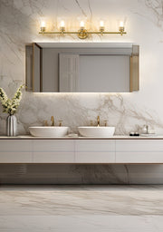 Belle 5 Light 42" Vanity in Modern Gold in a room setting
