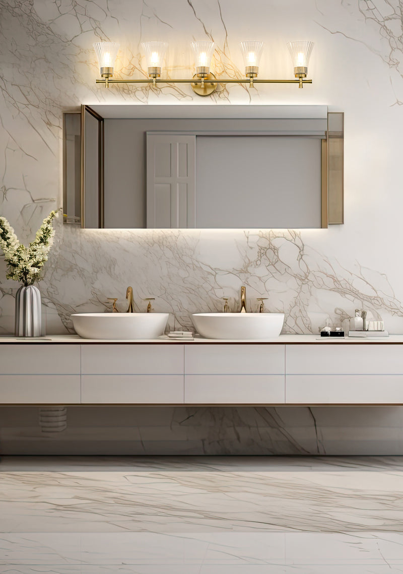 Belle 5 Light 42" Vanity in Modern Gold in a room setting