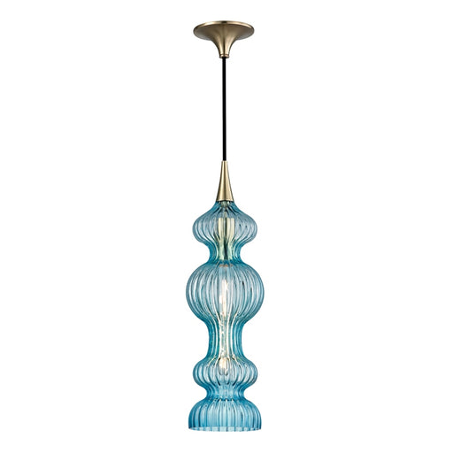 Pomfret 1 Light Pendant With Blue Glass in Aged Brass with Blue Glass