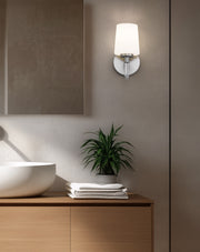 Henri 1 Light 6.5" Vanity in Brushed Nickel in a room setting