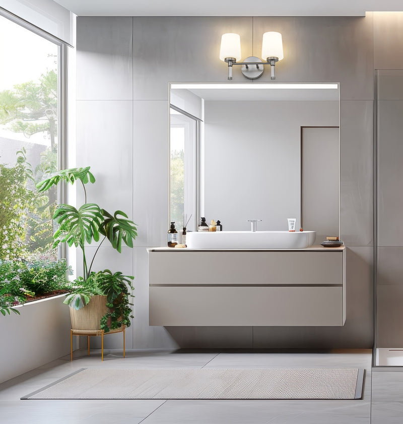 Henri 2 Light 14" Vanity in Brushed Nickel in a room setting