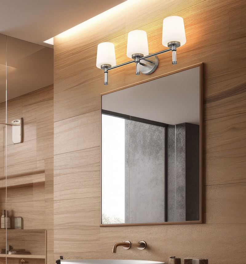 Henri 3 Light 24" Vanity in Brushed Nickel in a room setting